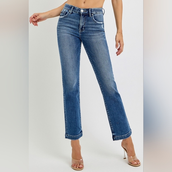 RISEN Mid Rise Tummy Control Elastic Band Dark Wash Straight Fit Denim Jeans NEW - Picture 6 of 6